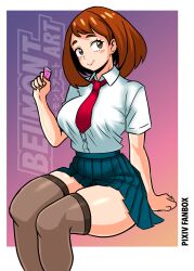 1girls belmont big_ass big_breasts big_butt brown_eyes brown_hair condom my_hero_academia ochako_uraraka school_uniform short_hair skirt smile solo stockings thick_thighs thighhighs thighs wide_hips