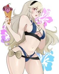 1girls absurdres alternate_costume bangs bikini blonde_hair blue_bikini blue_swimsuit cherry cleavage corrin_(fire_emblem) corrin_(fire_emblem)_(female) female female_only fire_emblem fire_emblem_fates flower_background hair_between_eyes hair_ornament hairband highres ice_cream kyhsoren light-skinned_female light_skin long_hair looking_at_viewer looking_down medium_breasts nail_polish nintendo open_mouth pointy_ears red_eyes red_nails redraw sharp_fingernails sharp_teeth solo transparent_background white_background wide_hips