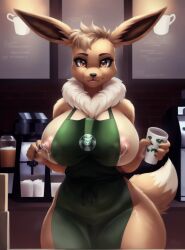 ai_generated anthro apron breast_milk_in_a_cup breasts brown_fur eevee female female_only furry furry_only generation_1_pokemon george11 iced_latte_with_breast_milk lactation large_breasts meme nipples pokémon_(species) pokemon pokemon_(species) stable_diffusion standing starbucks tail