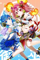 2girls ass blue_hair breasts cat_humanoid catgirl duel_monster female ha-re_the_sword_mikanko japanese_clothes japanese_mythology miko ni-ni_the_mirror_mikanko nini_the_mirror_mikanko rat_ears rat_girl red_hair translucent_clothing yu-gi-oh! yuri