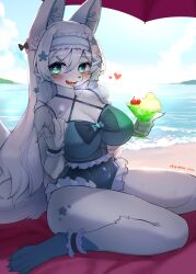 bathing_suit beach blue_eyes blue_fur blush bow braided_hair claws drink female fox furry headband heart long_hair nyaohha sand sitting snout spoon tail umbrella water white_fur white_hair