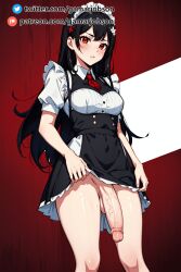 1futa ai_generated black_hair flaccid flaccid_penis futa_only futanari gamarjobson hi_res maid maid_headdress maid_uniform ozoi patreon patreon_username red_eyes twitter_username