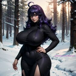 ai_generated big_breasts black_dress curvy dress hex_maniac huge_breasts long_dress pokemon purple_eyes purple_hair snow stable_diffusion thick_thighs vilacrym wide_hips