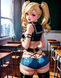 ai_generated ass black_thighhighs blonde_hair breasts chair classroom cross-laced_clothes denim denim_shorts desk female fluffymammoth from_behind indoors long_hair looking_at_viewer looking_back open_mouth original purple_eyes school_desk shorts smile solo thighhighs thong twintails underwear window