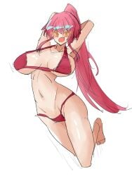 1girls 555iisuimin armpits arms_behind_back arms_behind_head arms_up background big_breasts bikini blush blushing boobs breasts clothed duel_monster evil_twin_ki-sikil feet female female_only glasses half-dressed ki-sikil_(yu-gi-oh!) long_hair looking_at_viewer mouth_open open_mouth pink_hair red_bikini simple_background solo solo_female thighs white_background yu-gi-oh!