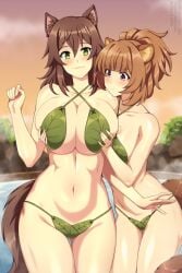 2girls animal_ear_fluff animal_ears ass_visible_through_thighs bare_shoulders bikini blunt_bangs blurry blurry_background breast_envy breasts brown_hair choujin_koukousei-tachi_wa_isekai_demo_yoyuu_de_ikinuku_you_desu! cleavage closed_mouth collarbone crossover female female_only green_bikini green_eyes groin huge_breasts leaf_bikini leaning_forward lindaroze monster_girl multiple_girls navel outdoors pink_eyes raccoon_ears raccoon_tail raphtalia steam swimsuit tail tate_no_yuusha_no_nariagari thigh_gap thighs twitter_username water web_address winona_(choujin_koukousei-tachi_wa_isekai_demo_yoyuu_de_ikinuku_you_desu!)