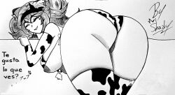 1girls animal_ears areolae ass ass_focus back_view big_ass black_and_white closed_eyes cow_girl cow_print hanging_breasts headband latam_virtual_youtuber lunaria_ayaren nipples scan shateart smile solo_female spanish_text thick_thighs thighhighs traditional_media_(artwork) virtual_youtuber vtuber vtuberfanart youtube_hispanic