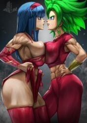 2girls abs biceps big_breasts blue_hair bra_(dragon_ball) bra_briefs breast_press breasts clothing dragon_ball dragon_ball_super ear_piercing earrings elitenappa female female_only female_saiyan fusion green_hair hands_on_hips kafla kefla legendary_super_saiyan looking_at_each_other muscular muscular_female piercing saiyan smile super_saiyan thick_thighs thighhighs torn_clothes torn_clothing yuri