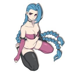 1girls alternate_costume artist_name bare_shoulders blue_hair blush braid breasts female female_only fully_clothed jinx_(league_of_legends) league_of_legends league_of_legends:_wild_rift long_hair medium_breasts original potatoartox purple_eyes simple_background sitting small_breasts stockings thick_thighs thighhighs twin_braids very_long_hair