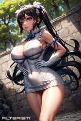 ai_generated alterism black_hair blue_eyes blue_ribbon cleavage dungeon_ni_deai_wo_motomeru_no_wa_machigatteiru_darou_ka gloves hestia_(danmachi) hourglass_figure large_breasts long_hair outdoors rei_no_himo short_dress skintight stable_diffusion thick_thighs twintails white_dress