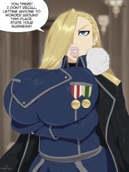 1girls alternate_version_available blonde blonde_female blonde_hair blonde_hair_female blue_eyes blue_eyes_female cameltoe cleavage curvy erect_nipples female fullmetal_alchemist gigantic_breasts huge_areolae huge_ass olivier_mira_armstrong puffy_nipples rampage0118 thick_lips very_long_hair very_long_hair_female voluptuous wide_hips yellow_hair