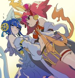 2girls :3 ass blue_hair blunt_bangs breasts cat_humanoid catgirl duel_monster female ha-re_the_sword_mikanko japanese_clothes japanese_mythology miko ni-ni_the_mirror_mikanko nini_the_mirror_mikanko rat_ears rat_girl red_hair translucent_clothing yu-gi-oh! yuri