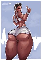 apex_legends ass ass_focus barely_clothed big_ass big_butt booty_shorts braid braided_hair butt_focus colacat95 gym gym_clothes gym_clothing gym_shorts gym_uniform huge_ass huge_breasts latina legs loba_(apex_legends) looking_at_viewer looking_back pointing small_waist sports_bikini sports_bra sportswear steam steaming_body sweat sweatdrop sweating sweaty sweaty_ass sweaty_body sweaty_butt sweaty_legs sweaty_thighs thick thick_ass thick_hips thick_legs thick_thighs thighs thin_waist