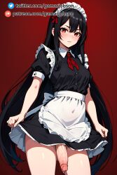 1futa ai_generated black_hair flaccid flaccid_penis futa_only futanari gamarjobson hi_res lifting_skirt maid maid_headdress maid_uniform ozoi patreon patreon_username red_eyes twitter_username