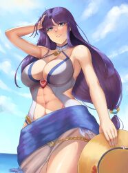 1girls abs absurdres alternate_costume altina_(fire_emblem) altina_(summer)_(fire_emblem) bare_shoulders blue_eyes blue_sky breasts casual_one-piece_swimsuit cleavage collarbone dated female female_only fire_emblem fire_emblem:_radiant_dawn fire_emblem_heroes grey_one-piece_swimsuit grey_swimsuit grin hand_up hat highres holding holding_clothes holding_hat large_breasts long_hair looking_at_viewer navel nintendo ocean official_alternate_costume one-piece_swimsuit outdoors purple_hair signature sky smile solo standing swimsuit tempurachronos very_long_hair
