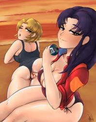 2girls ass_grab big_breasts bikini blonde_hair blue_one-piece_swimsuit breasts cleavage female gainax human jacket jacket_open large_breasts light-skinned_female light_skin long_hair looking_at_viewer misato_katsuragi neon_genesis_evangelion nonoise666 one_piece_swimsuit purple_hair pussy ritsuko_akagi scientist short_hair showing_pussy sideboob swimsuit swimsuit_pull thick_thighs wide_hips yuri