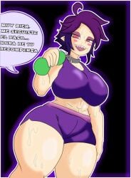 1girls background big_ass big_breasts blush blushing blushing_at_viewer clothed divine_wine female female_only fingers holding_object huge_ass huge_breasts huge_thighs las_demoniacas_desventuras_de_vampiranhya looking_at_viewer muscle muscles purple_clothing purple_hair red_eyes sharp_teeth simple_background spanish_text speech_bubble sports_bra sports_uniform sportswear sweat sweating tanjiro_basado teeth text text_bubble thick_ass thighs tongue vampiranhya vampiranhya_(artist)