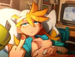 ..l., 1girls blonde_hair blue_eyes breasts casual_nudity chuck_(psg) dog fuck_you hospital khyleri long_hair looking_at_viewer lying middle_finger nipples panty_&_stocking_with_garterbelt panty_anarchy tagme tv