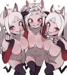 3girls absurdres animal_ears arm_warmers black_nails blush breasts cerberus_(helltaker) demon demon_girl demon_tail dog_ears heart helltaker highres holding multiple_girls nipples nude pregnancy_test pussy red_eyes smewed smile tail thighhighs triplets white_background white_hair