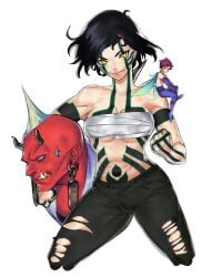 bandage body_writing bottomwear chest_wraps clothing demi-fiend female human megami_tensei megaten oni_(megami_tensei) pale_skin pixie_(megami_tensei) rule_63 shin_megami_tensei shin_megami_tensei_iii:_nocturne tattoo topwear zelus