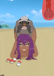 anatomically_correct_genitalia beach bent_over brokeandroid canine canine_penis cum cum_in_pussy cum_inside cum_on_back face_down_ass_up female long_hair mabosstiff orange_eyes pokeball pokemon pokemon_(species) pokephilia purple_hair self_upload vaginal_penetration vaginal_sex x-ray zoophilia