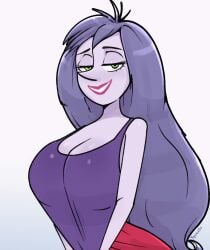 1girls animated big_breasts breasts busty disney disney_villains female female_only flashing flashing_breasts gif green_eyes huge_breasts jiggle jiggling_breasts large_breasts lipstick looking_at_viewer madam_mim nipples no_bra purple_hair shirt shirt_lift smile solo the_sword_in_the_stone titty_drop yenvudu