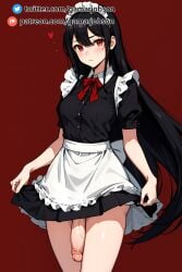 1futa ai_generated black_hair flaccid flaccid_penis futa_only futanari gamarjobson hi_res lifting_skirt looking_at_viewer maid maid_headdress maid_uniform ozoi patreon patreon_username red_eyes twitter_username