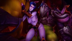 1girls 2boys armor blizzard_entertainment female gangbang green_balls green_penis male/female orc orc_male orced partially_clothed pleasure_face purple_hair purple_skin straight threesome void_elf warcraft world_of_warcraft zaro3d