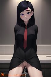 1girls after_sex after_vaginal ai_generated black_hair black_shirt cum cum_in_pussy dark_hair female female_only long_hair neuronude red_tie smile solo the_incredibles violet_eyes violet_parr