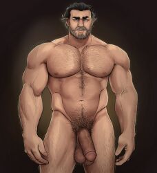 1boy 2021 arcane balls bara barazoku beard biceps big_balls big_penis completely_nude daddy facial_hair gay hairy hairy_arms hairy_chest hi_res highres huge_cock league_of_legends looking_at_viewer male male_focus male_nipples male_only male_pubic_hair manly muscular_arms muscular_male nipples nude pecs penis riot_games solo solo_male spacebaddy vander veiny_penis yaoi