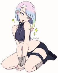 1girls big_ass big_breasts black_shorts cd_projekt_red collar cremanata cyberpunk:_edgerunners female female_only lucyna_kushinada spiked_collar studio_trigger thick_thighs tongue