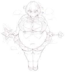 1girls angela_(library_of_ruina) angela_(lobotomy_corporation) belly big_belly big_breasts blush breasts chubby chubby_female cosplay fat fat_fetish fat_woman female female_only library_of_ruina magical_girl monochrome onomatopoeia overweight project_moon queen_of_hatred question_mark sketch skirt solo suit sweat tagme weight_gain