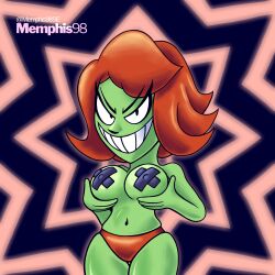 1:1 abstract_background annie_bell antonball_deluxe antonblast belly_button big_breasts evil_grin girl grabbing_breasts green_skin looking_at_viewer memphis98 red_hair red_panties short_hair shortstack taped_nipples thick_thighs thigh_gap