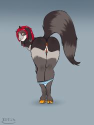 anthro anus ass bent_over big_butt bovid bunny_ears_(disambiguation) caprine clothed clothing female genitals goat hair hand_on_knees hand_on_legs hashdrawingslasher hi_res hooves horn hybrid mammal panties panties_down partially_clothed presenting presenting_hindquarters procyonid pussy raccoon raised_tail rear_view red_hair solo tail underwear underwear_down