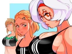 1boy 2girls anarts athletic athletic_female athletic_male bare_midriff big_breasts blonde_hair blue_eyes breast_envy breasts bursting_breasts cleavage fake_breasts female female_focus girl_staring_at_guy's_chest girly glasses green_eyes large_breasts link link_(tears_of_the_kingdom) long_hair male medium_breasts medium_support_(meme) meme nintendo overflowing_breasts pointy_ears princess_zelda purah purah_(tears_of_the_kingdom) red_eyes short_hair sports_bra sportswear sweat tagme tears_of_the_kingdom the_legend_of_zelda watermelon white_hair zelda_(tears_of_the_kingdom)