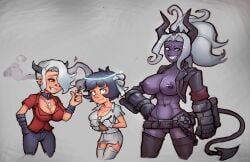 2demons 3girls angel azazel_(helltaker) big_breasts black_body black_hair blue_eyes gloves half_naked helltaker horns judgement_(helltaker) markydaysaid piercing red_eyes satanic six_pack smoking white_background white_hair zdrada_(helltaker)