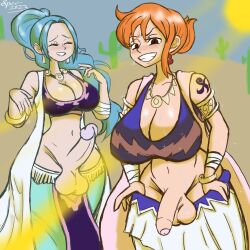 2futas balls big_breasts big_penis breasts cleavage clothed clothing duo erection futa_only futanari huge_breasts human light-skinned_futanari light_skin long_hair mostly_clothed nami nefertari_vivi one_piece partially_retracted_foreskin penis pre-timeskip short_hair smooth_balls smooth_penis specnsfw standing sweat thick_thighs uncut wide_hips