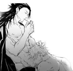 2023 2boys abs black_and_white black_hair blowjob blushing cigarette cigarette_in_mouth ciggarate coat coat_on_shoulders coat_only cock_sucking domination earring eyes_closed gay gay_blowjob gay_male gay_sex hand_on_head jujutsu_kaisen lighter lighting_cigarette long_hair long_haired_male looking_down looking_down_at_partner male/male muscle muscles oral_sex pants_unzipped satoru_gojo sex shirtless short_hair six_pack six_richman sucking_penis suguru_geto sweat sweatdrop sweating sweaty_body white_hair yaoi