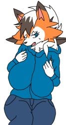 anime anthro axelo axelocraft15_(artist) blue_clothing blue_eyes blue_jacket blue_jeans dusk_lycanroc female furry long_hair lycanroc oc orange_fur original_character pokemon pokemon_sm spikes white_fur wolf wolf_ears wolf_tail