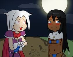 2girls :3 :t achthenuts armor bikini black_hair blue_eyes blush breasts bright_darkness cape chocolate_and_vanilla cloud costume dark_skin female female_only frown long_hair midriff moon navel night outside pauldrons priestess red_eyes smug tagme white_hair white_skin witch xierra099