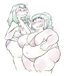 areolae belly beru_asui big_belly big_breasts bikini blush dorkass embarrassed green_hair inko_midoriya looking_at_another looking_away my_hero_academia navel open_mouth overweight_female simple_background smile thick_thighs