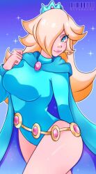 blue_background cosplay cresscin dc dc_comics female_only mario_(series) nintendo princess_rosalina raven_(dc) solo sparkles