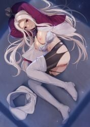 1girls angry arms_above_head assisted_exposure bdsm blush bondage breasts clenched_teeth exposed_breasts exposed_pussy fate/zero fate_(series) female fully_clothed hands_tied highres imminent_rape irisviel_von_einzbern large_breasts long_hair long_sleeves looking_at_viewer navel nipples parted_bangs pussy red_eyes solo teeth thighs white_hair yuzuriha_(active_homing)