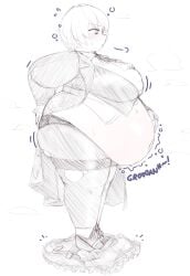 angela_(library_of_ruina) angela_(lobotomy_corporation) belly big_belly big_breasts breasts chubby chubby_female fat female library_of_ruina male project_moon question_mark side side_view skirt suit sweat tagme