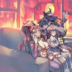 3girls abs big_breasts bikini gebura_(lobotomy_corporation) hod_(lobotomy_corporation) huge_breasts kekekeke library_of_ruina multiple_girls muscular_female nervous ponytail project_moon red_hair scars smoking smoking_pipe tanya_(library_of_ruina) wolf_girl