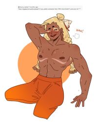 1boy abs black_eyes blonde_hair blonde_hair_male cookie_run cookie_run_ovenbreak dark-skinned_male dark_skin english_text lewdpeachy male male_only mastectomy_scar nipples no_sclera no_shirt pants_only short_eyebrows sweat sweatdrop sweating text top_surgery_scars torso vagabond_cookie