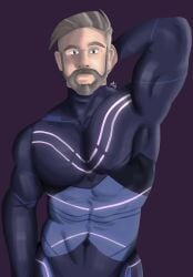 1boy beard brown_hair gay looking_at_viewer male male_only muscles_through_clothes muscular muscular_arms muscular_male pokemon pokemon_sv professor_turo skin_tight skin_tight_suit