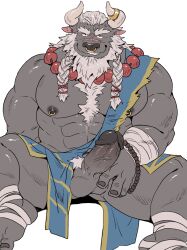 2023 abs anthro balls beard bearwivme biceps bovid bovine braided_beard cattle deltoids erection exposed facial_hair facial_piercing facial_scar feet genitals grinning_at_viewer hair hi_res horn horn_jewelry jewelry looking_at_viewer male mammal manly mature_male muscular muscular_thighs necklace nipple_piercing nipples nose_piercing nose_ring pecs penis piercing pubes ring_piercing sash scar simple_background sitting solo spread_legs spreading triceps vein veiny_penis white_background white_hair