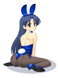 ass black_eyes blue_hair bunny_ear bunny_girl bunnysuit cosplay fishnets high_heels idolmaster kemonomimi kisaragi_chihaya looking_at_viewer looking_back masakichi_(crossroad) pantyhose shoes usamimi