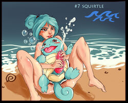 beach blue_hair cum hair handjob happy human interspecies lying mithrie nintendo pokemon pokephilia seaside size_difference squirtle text tongue video_games water